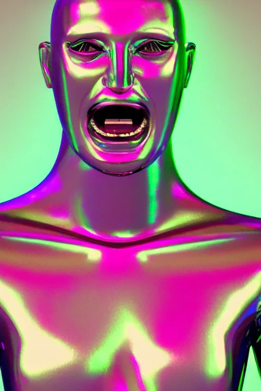 Image similar to 3d render of holographic angry human robotic screaming angry bust made of glossy iridescent, screaming, bust, surrealistic 3d illustration of a human non-binary, non binary model, 3d model human, cryengine, made of holographic texture, holographic material, holographic rainbow, concept of cyborg and artificial intelligence