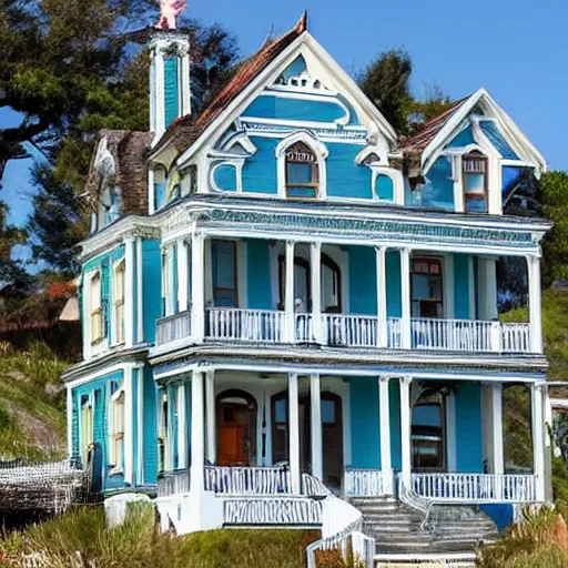 Image similar to a victorian style 2 story house on top of a hill surrounded by an ocean full of sharks