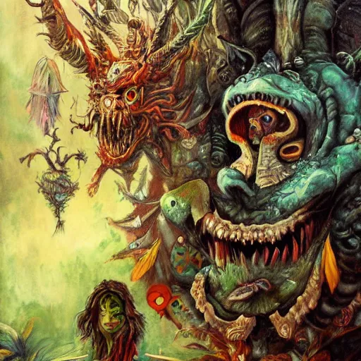 Image similar to monsters in alice in wonderland tripping on ayahuasca with faces in the background, intricate detail, painting, royo, frazetta, whealan,