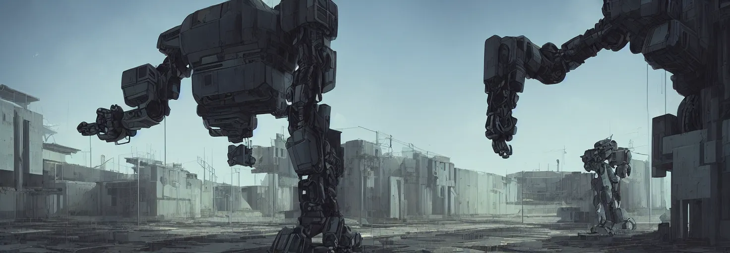 Image similar to an abandonded courtyard, giant robot mech, sci - fi, digital art by beeple h - 7 0 0