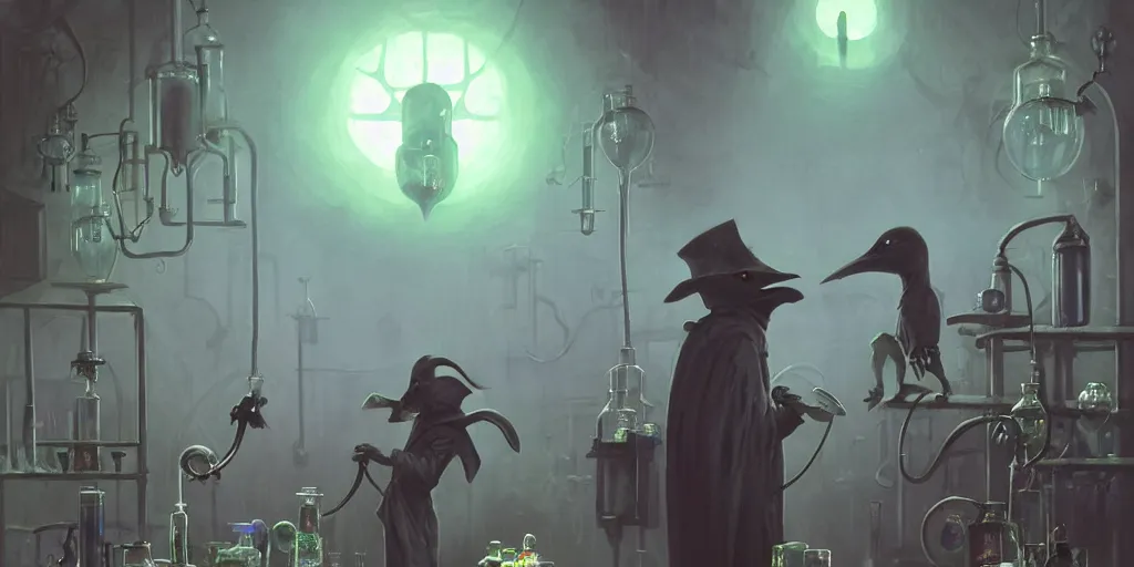 Prompt: a plague doctor and a humanoid rat in a laboratory with lots of flasks filled with magic liquids and green fog, stephen bliss, unreal engine, fantasy art by greg rutkowski, loish, rhads, ferdinand knab, ilya kuvshinov, rossdraws, tom bagshaw, global illumination, radiant soft light, detailed and intricate environment