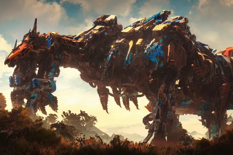 Image similar to sawtooth machine mecha animal beast robot of horizon forbidden west horizon zero dawn bioluminiscence global illumination ray tracing hdr fanart arstation by sung choi and eric pfeiffer and gabriel garza and casper konefal