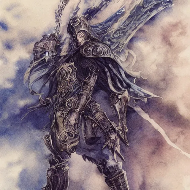 Prompt: “Stormbringer, a watercolour illustration of Elric of Melniboné by Yoshitaka Amano, John Blanche and Alan Lee”