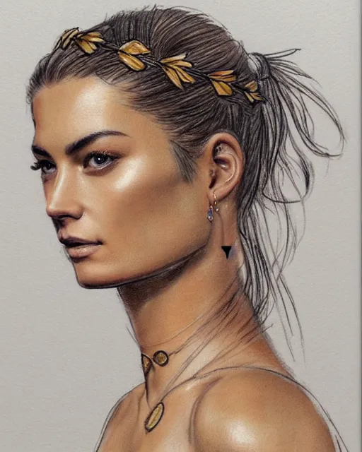 Prompt: realism tattoo sketch of jessica hart as a beautiful greek goddess aphrodite with piercing eyes wearing a laurel wreath and triangle earrings, in the style of greg rutkowski, amazing detail