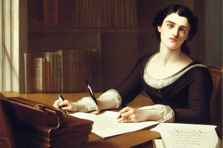 Image similar to 1 8 1 0 s katie mcgrath writing at her desk by vittorio reggianini, bright lighting, perfectly detailed eyes, beautiful hands, pale skin, clear face