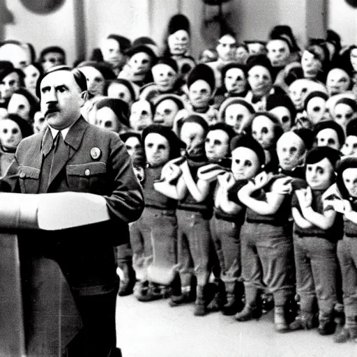 Prompt: adolf hitler speaking to a room full of the minions from despicable me