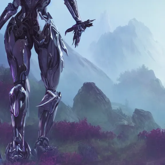 Image similar to extremely detailed cinematic low ground shot of a giant 1000 meter tall beautiful stunning female warframe goddess, that's an anthropomorphic hot robot mecha female dragon, silver sharp streamlined armor, detailed head, sharp claws, glowing Purple LED eyes, sitting cutely on a mountain in the background, a tiny forest with a village in the foreground, fog rolling in, dragon art, warframe fanart, Destiny fanart, micro art, macro art, giantess art, fantasy, goddess art, furry art, furaffinity, high quality 3D realism, DeviantArt, Eka's Portal, HD, depth of field