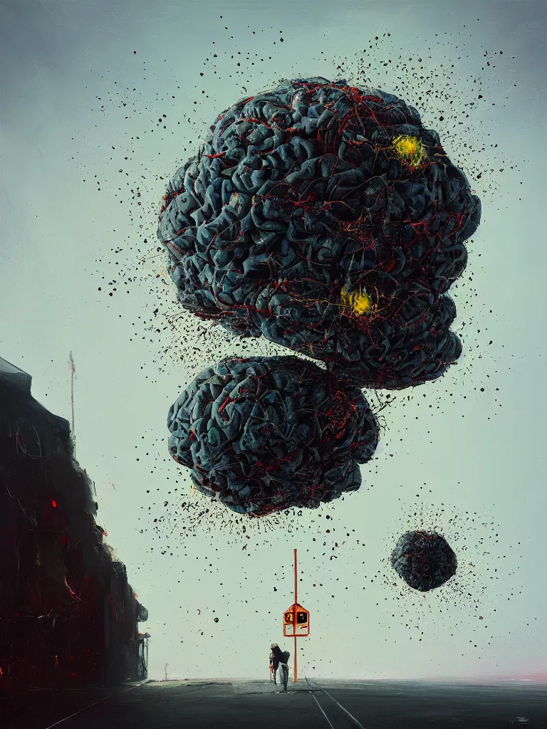 Prompt: a contemporary painting of an exploding brain in a painting from stalenhag 4 k 8 k hdr black background