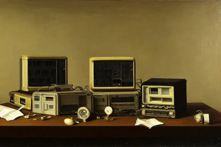 Image similar to still life painting of vintage computers by pieter claesz, oil on canvas, strong lighting, highly detailed, hyper realism, golden hour, god rays, hd, 4 k