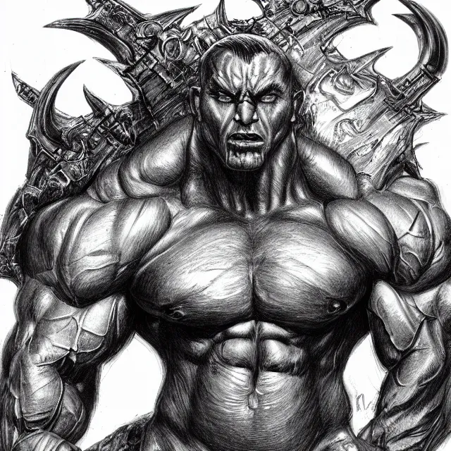 Image similar to ballpoint pen illustration of a muscular demon man, concept art, artstation