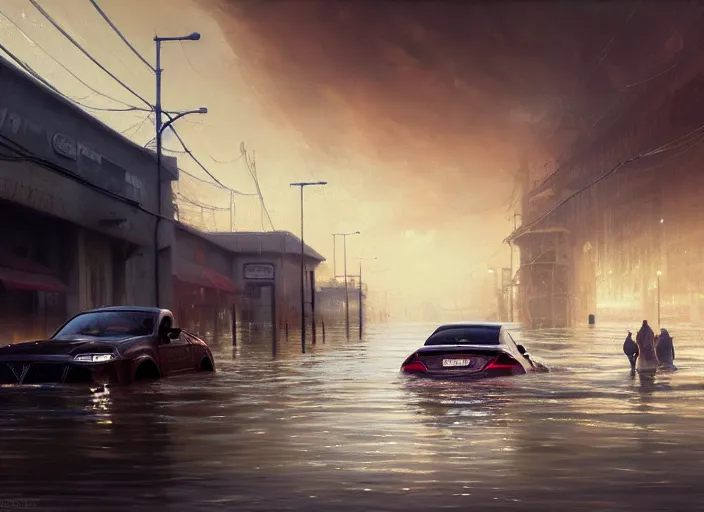 Image similar to cars driving through shallow water, flooded city, people walking through shallow water, muted colors, highly detailed, hyperrealistic, oil painting, intricate, cgsociety, artstation, 8 k, cinematic, soft lighting, by greg rutkowski, by wlop, by artgerm