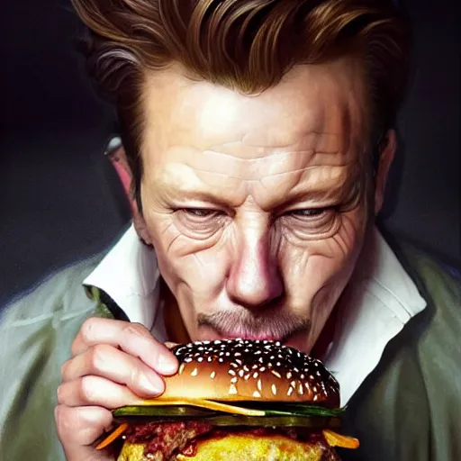 Prompt: portrait of mickey rourke eating hamburgers, extra onions and ketchup, luscious patty with sesame seeds, ethereal, handsome, d & d, fantasy, intricate, elegant, highly detailed, digital painting, artstation, concept art, matte, sharp focus, illustration, art by artgerm and greg rutkowski and alphonse mucha