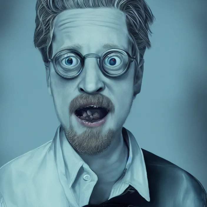 Image similar to portrait of macaulay culkin, getting schwifty. intricate artwork. octane render, trending on artstation, very coherent symmetrical artwork. Rick & morty. cinematic, high detail, octane render, 8k, iridescent accents