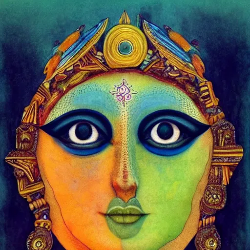 Prompt: three eyed goddess, third eye in middle of forehead, long necks, wide shot, hairy bodies, feet in water, beautiful colors, eye in forehead, pins, beautiful lighting, very detailed, eyes reflecting into eyes reflecting into infinity