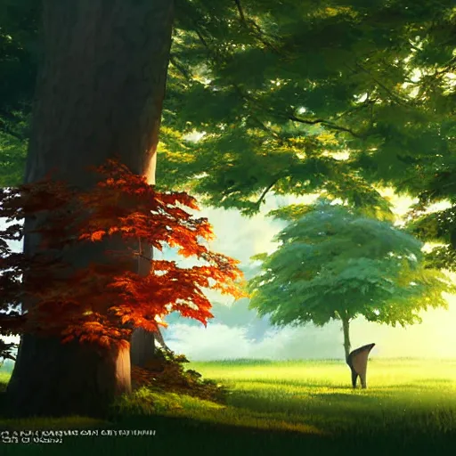 Image similar to realistic render of maple tree from bofuri by ross draws, forest background by ilya kuvshinov, digital anime art by ross tran, composition by sana takeda, lighting by greg rutkowski