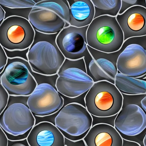 Image similar to aliens playing with marbles in shape of planets , digital art