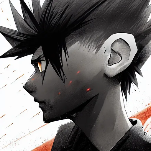 Image similar to boy with spikey hair and thunder powers in kohei horikoshi art, with thunderstorms, 8 k, dark colors, detailed face, details, sharp smooth, aykut aydogdu