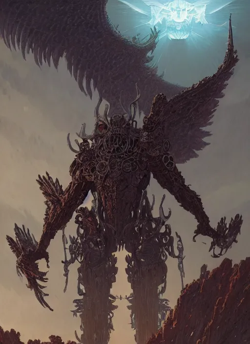 Image similar to masterpiece concept art, rebulon the ancient arch angel - demon, by greg rutkowski and geof darrow, 8 k, intricate detail, cinematic lighting, epic pose