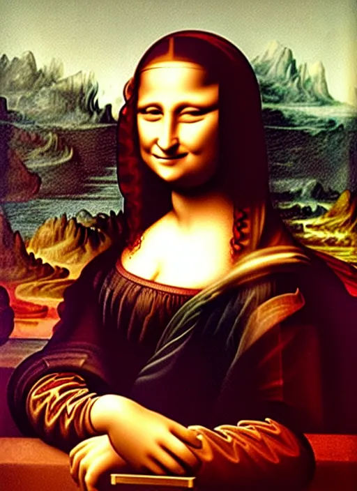 Prompt: oil painting of Mona Lisa by Leonardo Da Vinci but Mona Lisa is using an iPhone to take a selfie, selfie pose