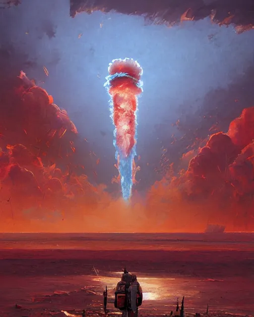 Image similar to a highly detailed epic cinematic concept art CG render digital painting artwork: Nuclear explosion. By Greg Rutkowski, in the style of Francis Bacon and Syd Mead and Norman Rockwell and Beksinski, open ceiling, highly detailed, painted by Francis Bacon and Edward Hopper, painted by James Gilleard, surrealism, airbrush, Ilya Kuvshinov, WLOP, Stanley Artgerm, very coherent, triadic color scheme, art by Takato Yamamoto and James Jean