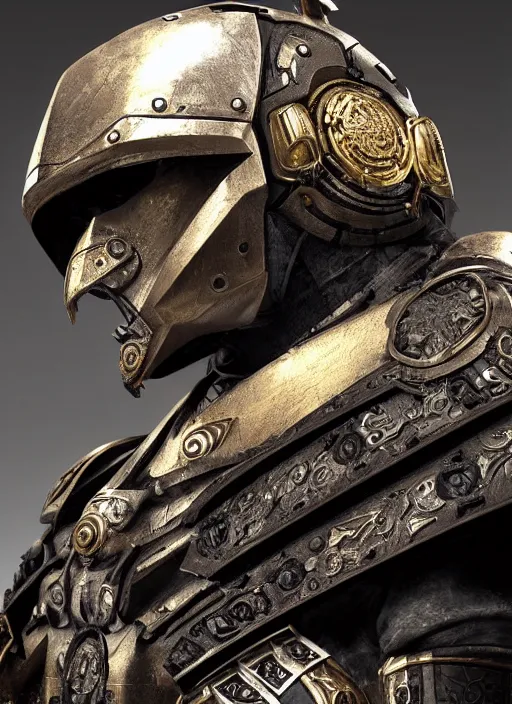 Prompt: hyper realistic glorious ancient in a obsidian metal armor, futuristic design, portrait, cyberpunk style, wood and gold details, intricate, extremely detailed, ornate, deep of field, hard surface, exoskeleton, substance designer metal unreal engine. amazing likeness. very detailed.