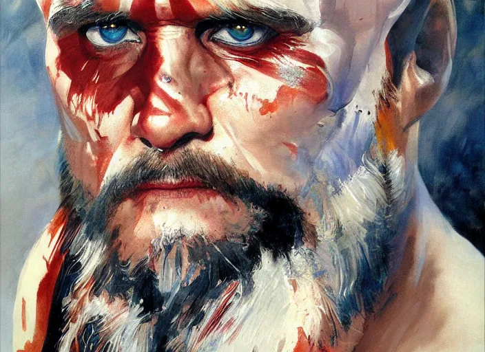 Image similar to a highly detailed beautiful portrait of jim carrey as kratos, by gregory manchess, james gurney, james jean