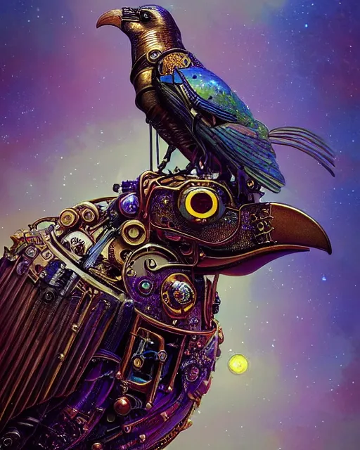 Image similar to a stunning fantasy portrait of an art - deco mechanical steampunk crow, closeup | highly detailed | very intricate | disney | artdeco steampunk | dramatic magical | bokeh moon stars | professional cinematic lighting | award - winning | painted by beeple and donato giancola and rhads | richcolor palette | featured on artstation