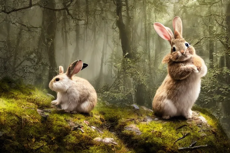 Prompt: photography print of taxidermy rabbit, majestic, stuffing of twigs and moss falling out, next on a cliff background, dappled lighting, backlit, by ellen jewett and dariusz zawadzki and brian froud and tom bagshaw, real, realistic, 8 k, high resolution, high definition, national geographics, professional wildlife photography