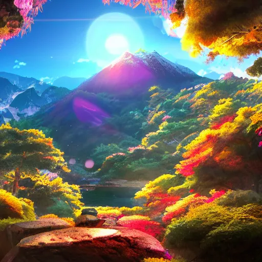 Image similar to mountains, sun, water, japan, anime style art, soft, concept art, intricate details, highly detailed, colorful, photorealistic, disney pixar, octane render, iridescent, anime, 8 k