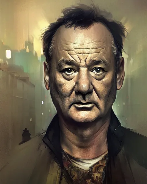 Image similar to bill murray, hyperrealistic portrait, bladerunner street, art of elysium by jeremy mann and alphonse mucha, fantasy art, photo realistic, dynamic lighting, artstation, poster, volumetric lighting, very detailed face, 4 k, award winning