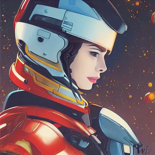 Prompt: a portrait of a stunning beautiful elite anne hathaway gundam pilot, with an intricate, detailed, urban inspired hiphop afro futuristic helmet, vector behance hd jesper ejsing, rhads, makoto shinkai, lois van baarle, ilya kuvshinov, rossdraws, hd, 3 2 k, ilya kuvshinov, gustav klimt