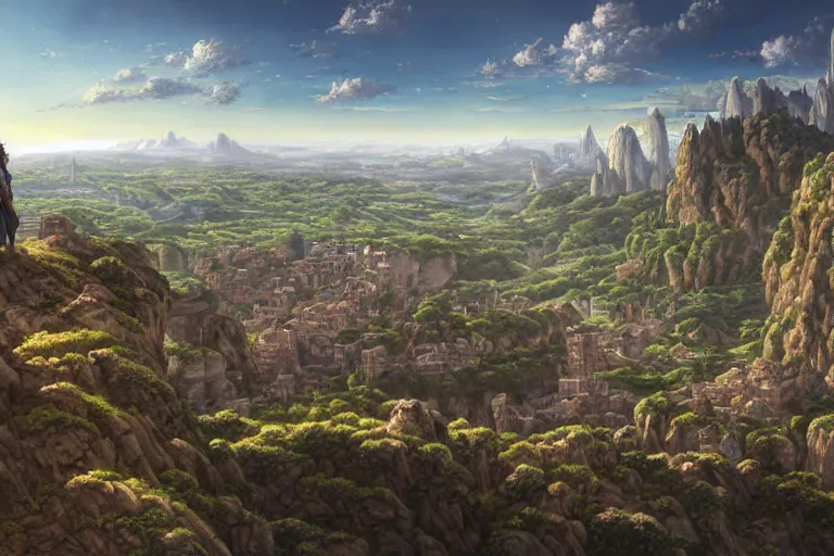 Image similar to an ultra detailed matte landscape painting of an extremely tall and strong young man with short brown hair standing on a cliff overlooking a medieval capital built on top of many hills, italian renaissance architecture, epic anime fantasy, 8 k, volumetric lighting, smooth, highly detailed, digital illustration, art by kentaro miura and akira toriyama and artgerm