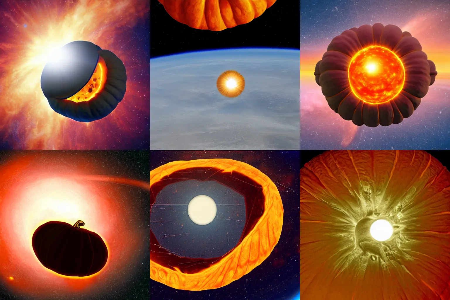 Prompt: giant pumpkin circling the sun in space.