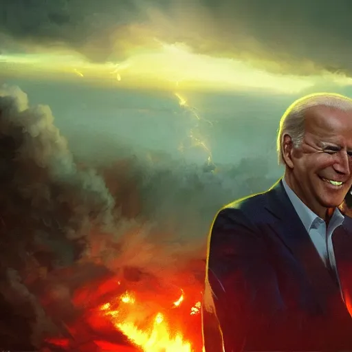 Image similar to joe biden smiling while behind him the world is burning, dramatic lighting, cinematic, establishing shot, extremly high detail, photorealistic, cinematic lighting, artstation, style by James Gurney