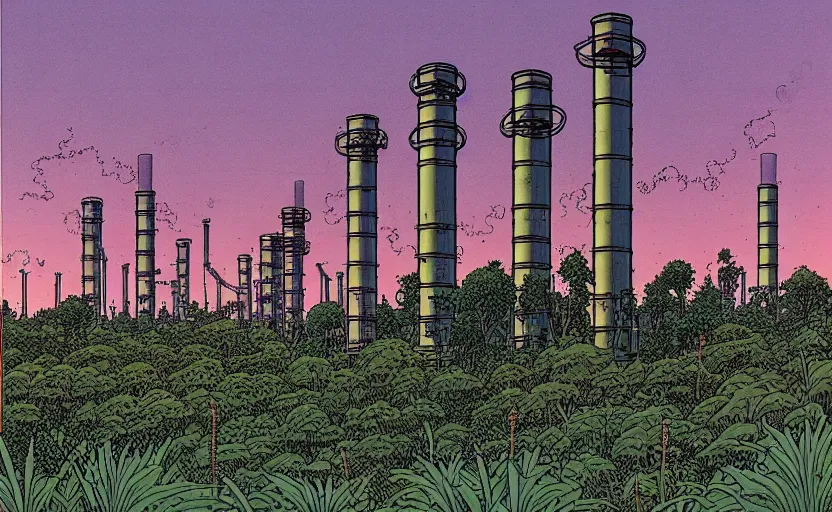 Prompt: industrial chimneys rising out of the undergrowth by moebius