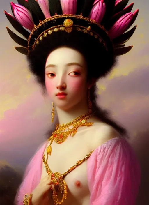 Image similar to stunning corean godess princess, detailed pink and white protea head peace against a black backdrop by ivan aivazovsky, wlop, super sharp details, photorealism, 5 0 mm lens, oil painting, beautiful soft lighting, muted colours, artstation