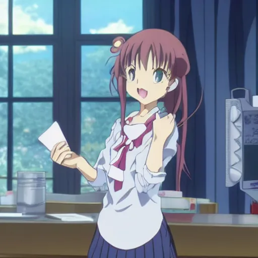 Image similar to cute anime girl bribing the district attorney, still from tv anime, Kyoto animation studio, high detail,