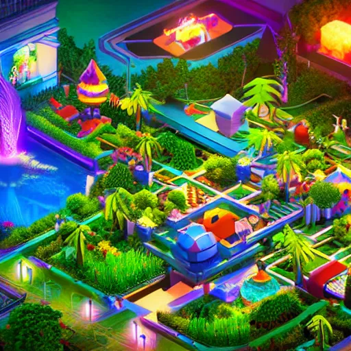 Prompt: isometric world of paradise garden on dark background, neon lights, video game, octane render, pixar style, unreal engine, dynamic light