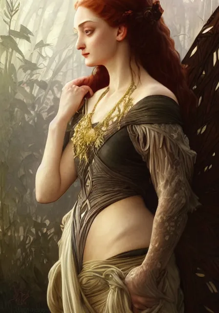 Prompt: sansa witch, intricate, elegant, highly detailed, digital painting, artstation, concept art, smooth, sharp focus, illustration, art by artgerm and greg rutkowski and alphonse mucha and william - adolphe bouguereau