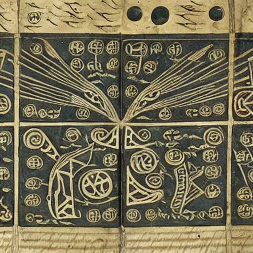 Image similar to page of ancient manuscript diagrams detailed intricate symbols runes crisp features