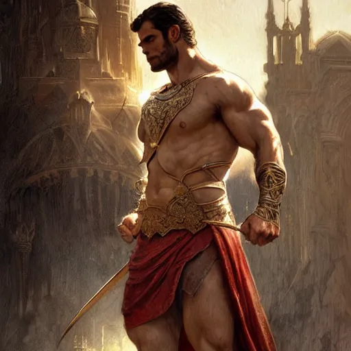 Image similar to Henry Cavill as a warrior, upper body, D&D, muscular, fantasy, intricate, elegant, highly detailed, digital painting, artstation, concept art, smooth, sharp focus, illustration, art by artgerm and greg rutkowski and alphonse mucha