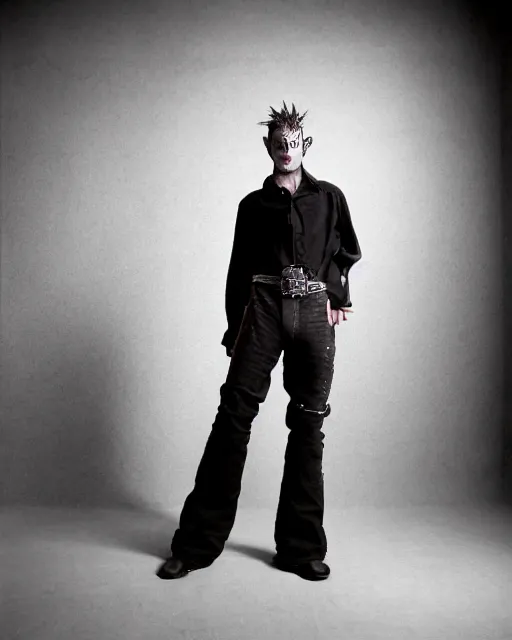 Prompt: an award - winning photo of a scary male model wearing a boot cut flared distressed medieval designer menswear trousers designed by kapital, 4 k, studio lighting, wide angle lens, 2 0 0 4