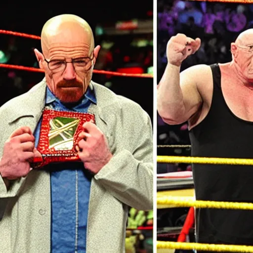 Prompt: photograph of walter white with the wwe championship