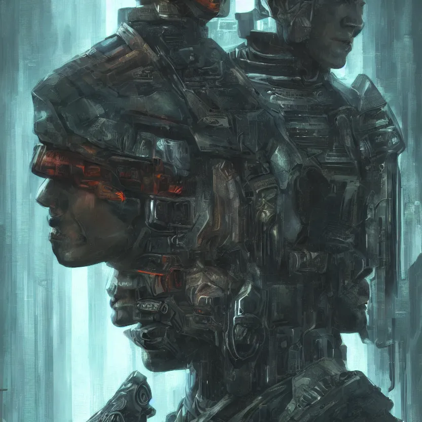 Image similar to closeup portrait of a beautiful guard dystopian cyberpunk trending on art station