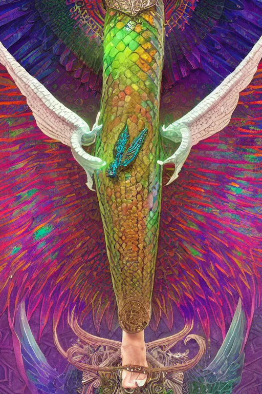 Prompt: a winged aztec snake, skin covered in rainbow scales, luminous scene, by greg rutkowski and alphonse mucha, d & d character, gradient white to green, in front of a decorated stone ziggurath, highly detailed, digital painting, artstation, concept art, smooth, sharp focus illustration, artstation hq