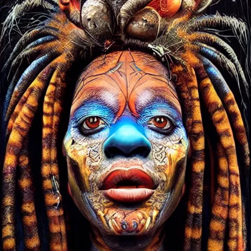 Prompt: an african shaman, halloween themed surrealist art in the styles of igor morski, jim warren, and a tim burton film, intricate, hyperrealistic, accurate facial details, profile picture with chromakey!!!!! background, volumetric lighting