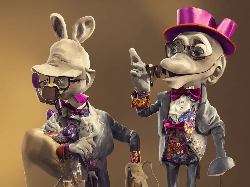 Prompt: an anthropomorphic donkey dressed up as Willy Wonka, digital art, trending on artstation, highly detailed