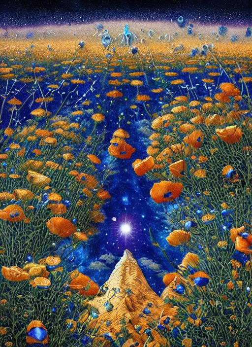 Image similar to detailed, intricate blue black and purple papaverum flower on the field, nebula, galaxy in the sky, winning award masterpiece, fantastically beautiful, illustration, aestheticly inspired, jacek yerka, upscale with anguissola sofonisba work, artstation, 8 k