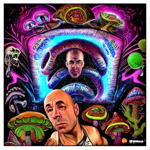 Prompt: Joe Rogan and Aliens eating mushrooms, psychedelic, hyperdetailed, trending on instagram, 4k