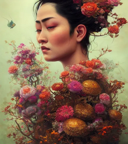 Image similar to portrait of a chullachaqui, surrounded by flowers by karol bak, james jean, tom bagshaw, rococo, trending on artstation, cinematic lighting, hyper realism, octane render, 8 k, hyper detailed.